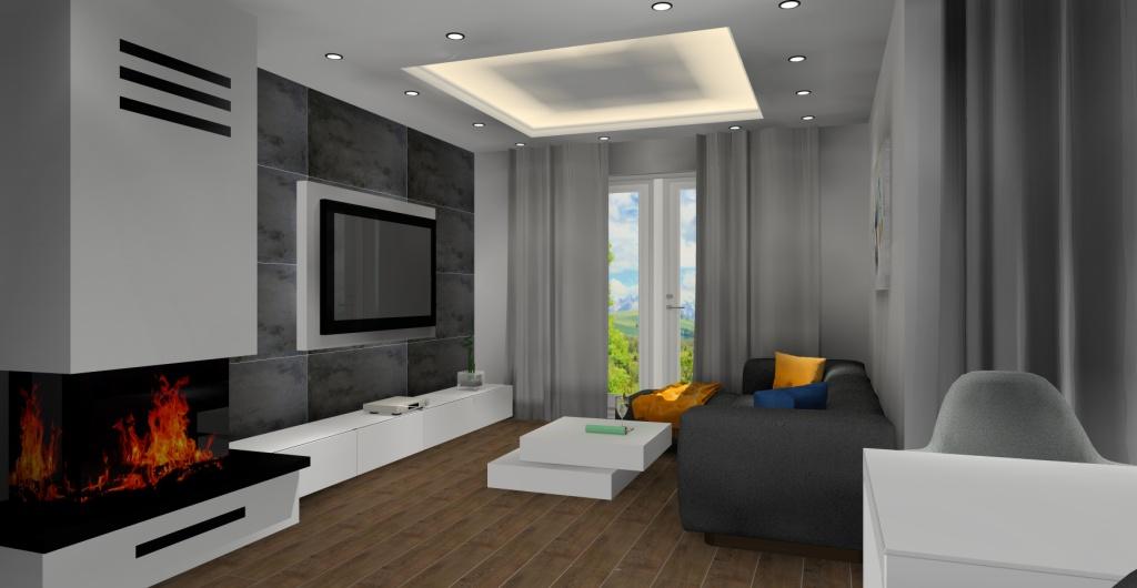 aranżacja salonu w stylu nowoczesnym, kominek w salonie, płyty betonowe na ścianie TV, sufit podwieszany